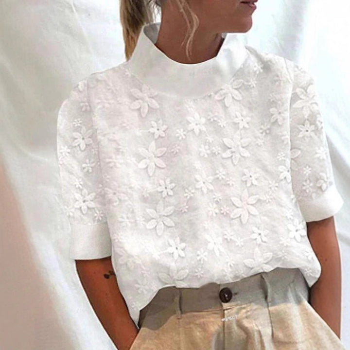 Women's embroidered short-sleeve blouse with stand-up collar and three-dimensional flower appliqué StylebySassy