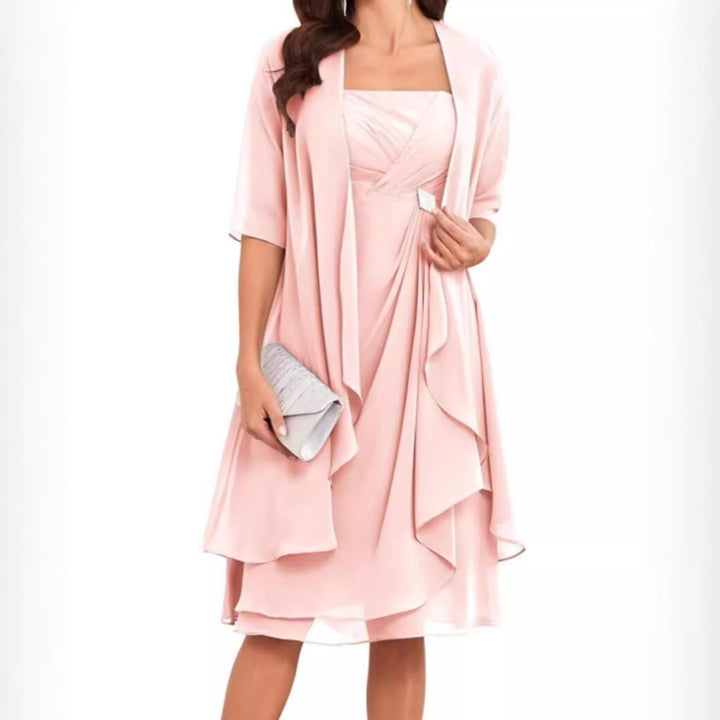 Women's Chiffon Evening Dress with Bolero and Asymmetrical Layered Skirt StylebySassy