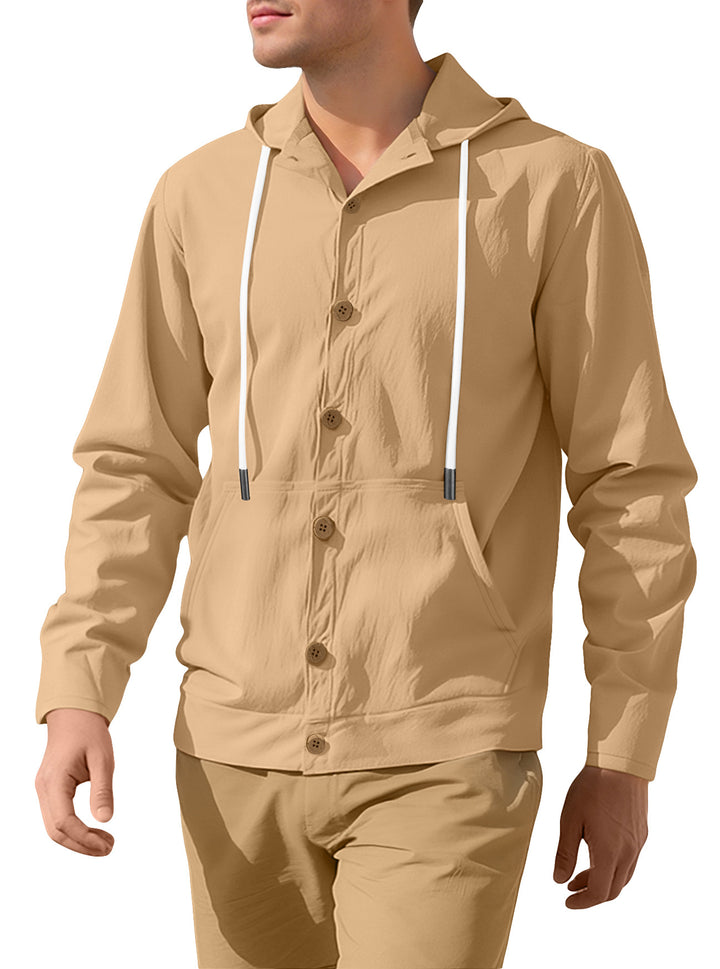 Men's slim-fit hoodie cardigan with full button placket, mounted kangaroo pocket, and lightweight structured knit StylebySassy
