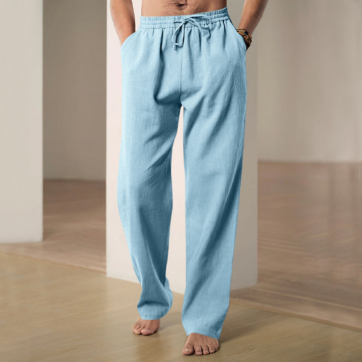 Men's comfortable linen-cotton blend relaxed pants with straight leg, elastic waistband, and concealed side pockets StylebySassy