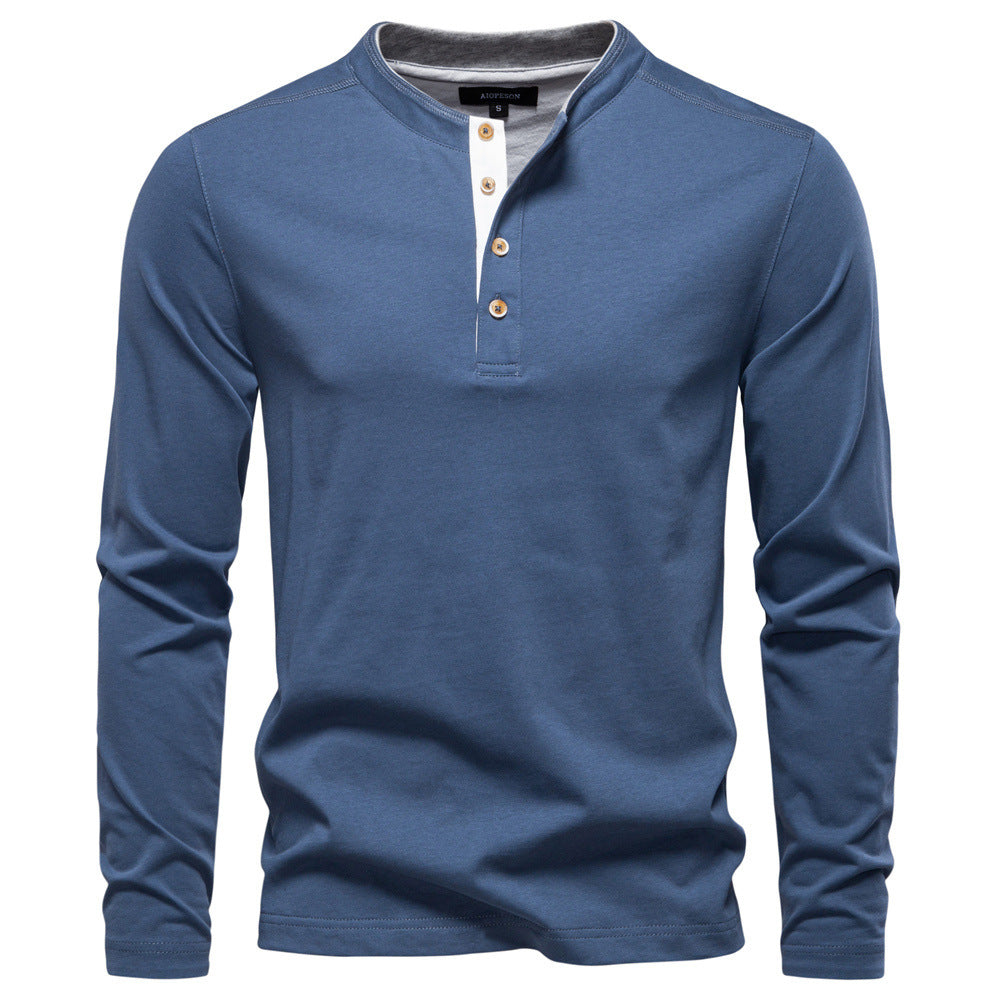 Men's navy cotton long-sleeve shirt with short button placket and stand collar StylebySassy