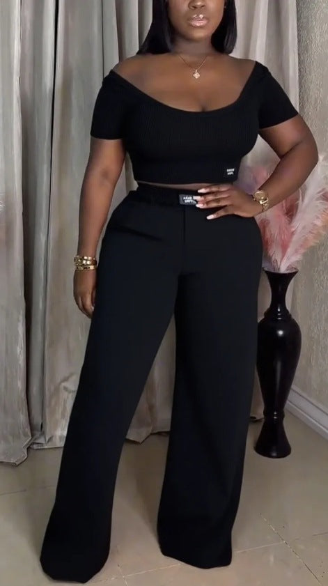 Women's off-the-shoulder ribbed crop top with wide-cut, high-waisted palazzo pants StylebySassy