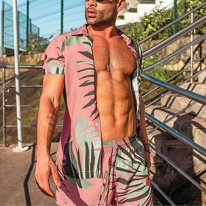 Men's airy viscose blend short-sleeve shirt with open button placket and matching casual shorts with drawstring StylebySassy