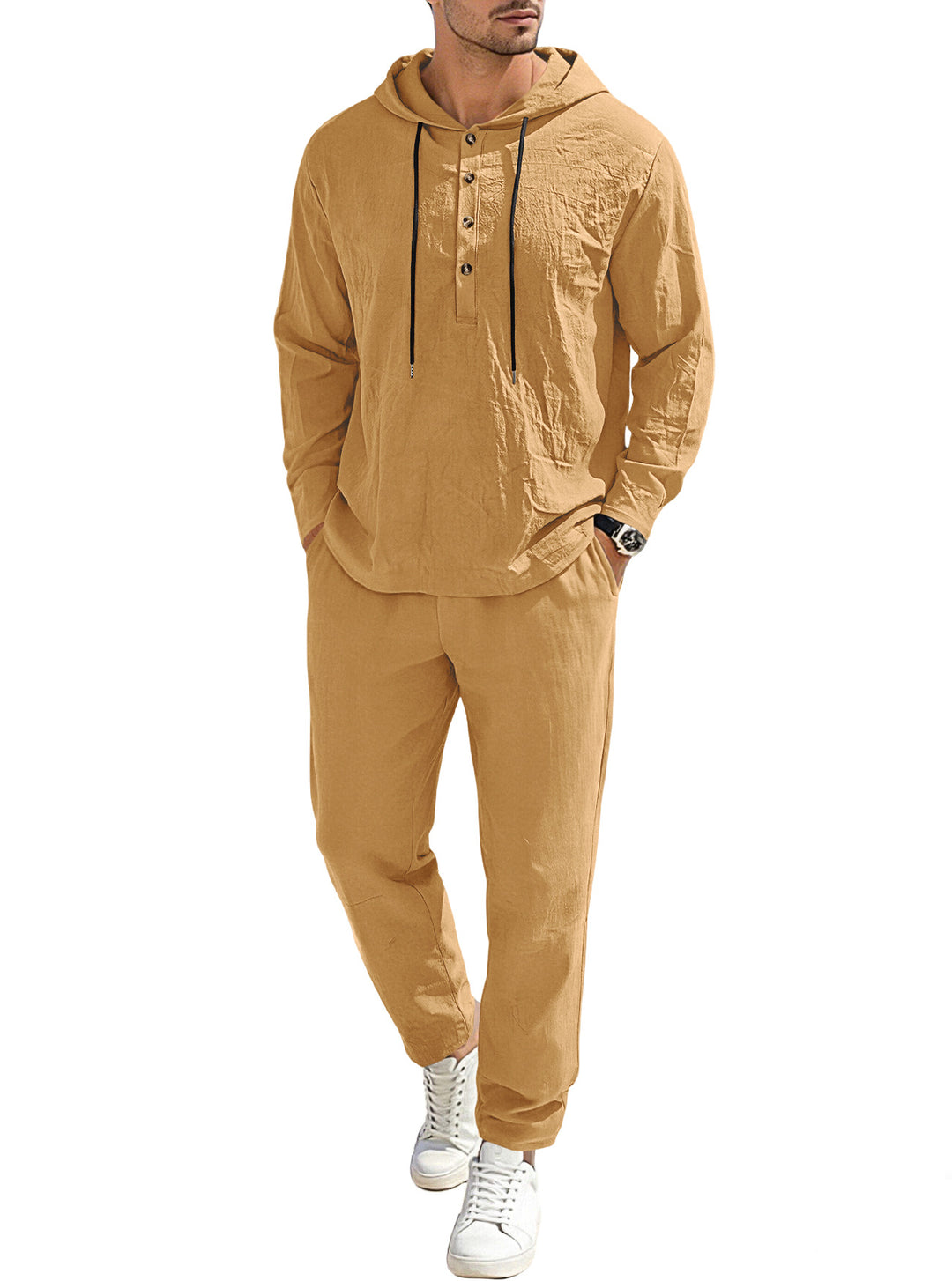 Men's relaxed hoodie Henley leisure suit made of lightweight cotton blend with linen look, featuring drawstring and elastic waistband pants StylebySassy