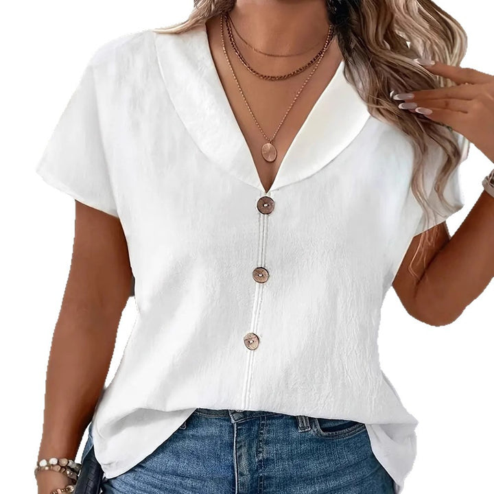 Women's airy linen-look blouse with broad shawl collar and decorative button placket StylebySassy