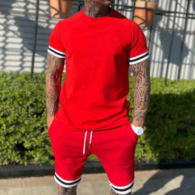 Men's casual sports set made of cotton jersey with round neck shirt and drawstring shorts StylebySassy
