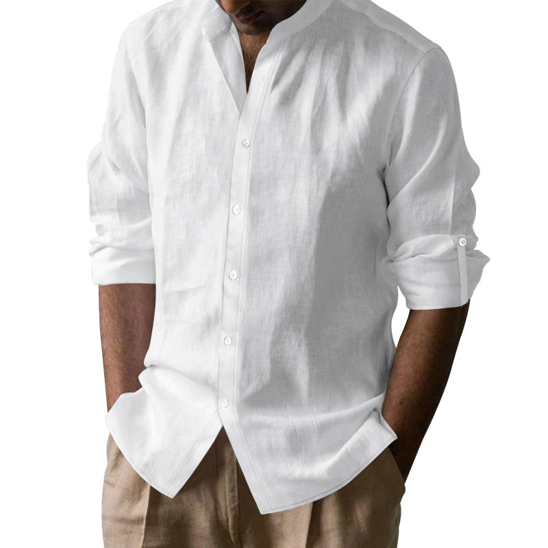 Men's casual linen shirt with Kent collar, continuous button placket, and roll-up sleeves StylebySassy