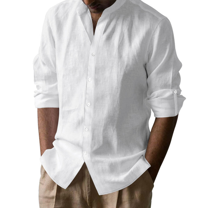 Men's casual linen shirt with Kent collar, continuous button placket, and roll-up sleeves StylebySassy
