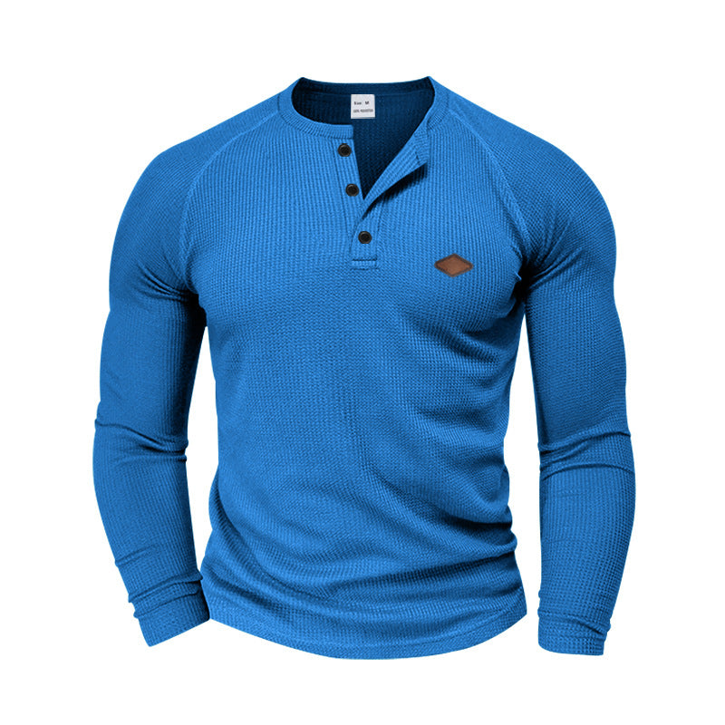 Men's structured waffle Henley shirt with short button placket, raglan sleeves, and leather patch StylebySassy