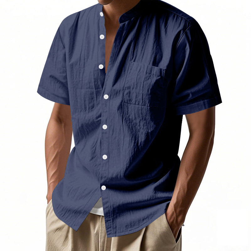 Men's nan legeres short-sleeve linen blend shirt with stand-up collar, chest pocket, and continuous button placket StylebySassy
