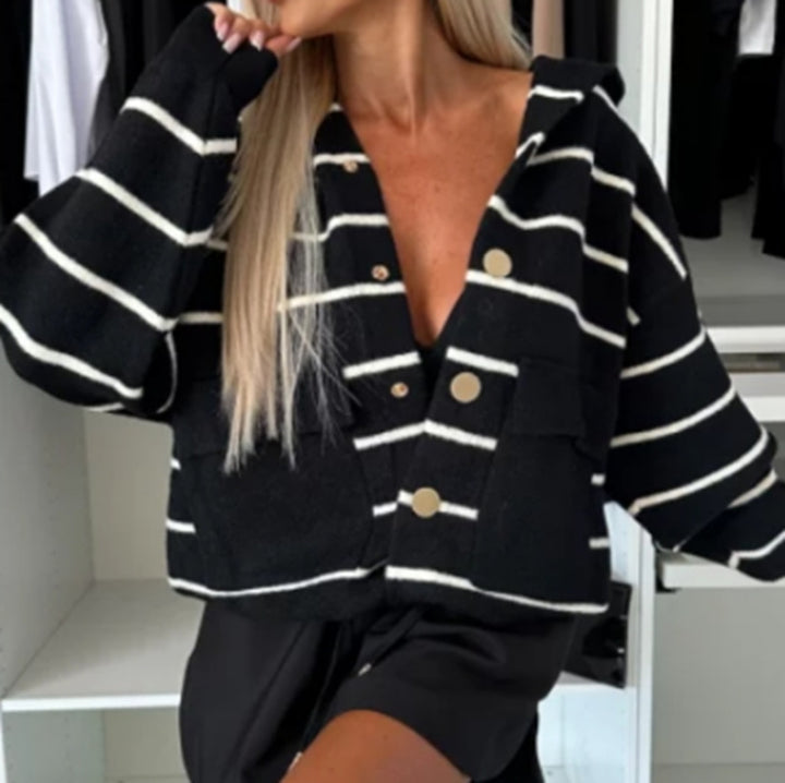 Women's oversized knitted cardigan with hood, wide stripes and gold-colored snap buttons StylebySassy