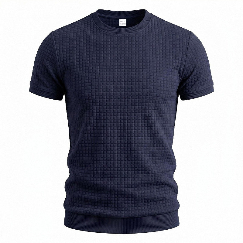 Men's short-sleeved knit shirt with embossed check structure, round neckline, and ribbed hem StylebySassy