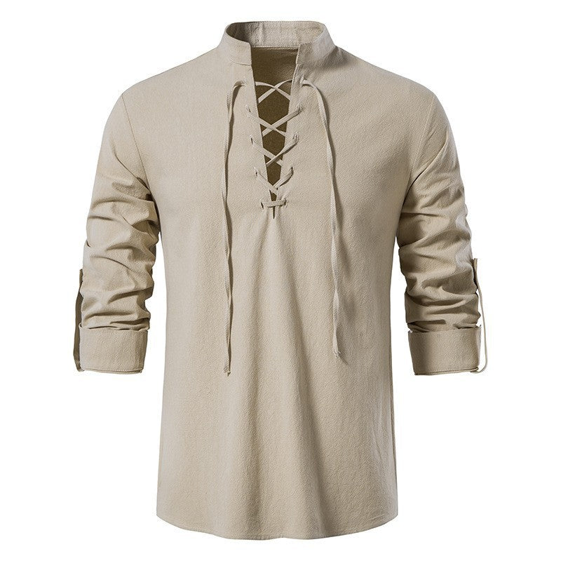 Men's casual lace-up shirt with stand-up collar, linen-cotton blend and roll-up sleeve tabs StylebySassy