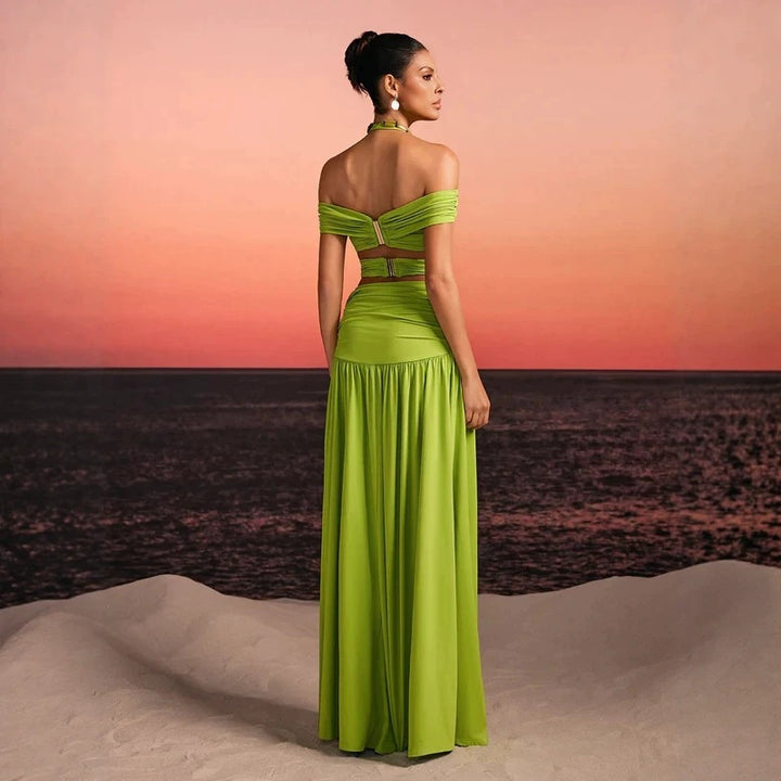 Women's maxi dress with sophisticated cut-out and decorative draping