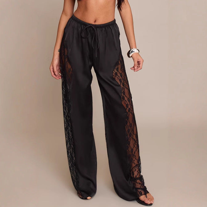 Women satin trousers with side lace inserts, wide leg and drawstring StylebySassy