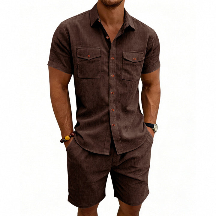 Men's structured cord leisure set with camp collar shirt and casual shorts StylebySassy