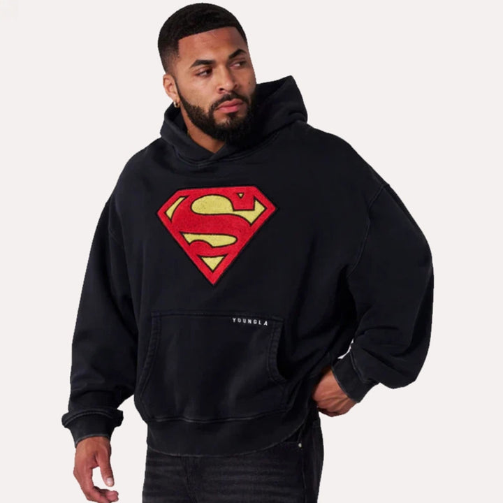 Men's oversized hooded sweatshirt with distinctive Comic-S logo kangaroo pocket and washed look StylebySassy