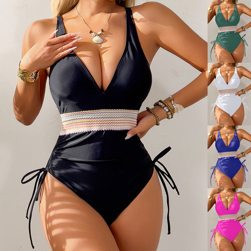 Women's One-Piece Swimsuit with Elegant V-Neck and Adjustable Ruching Element StylebySassy
