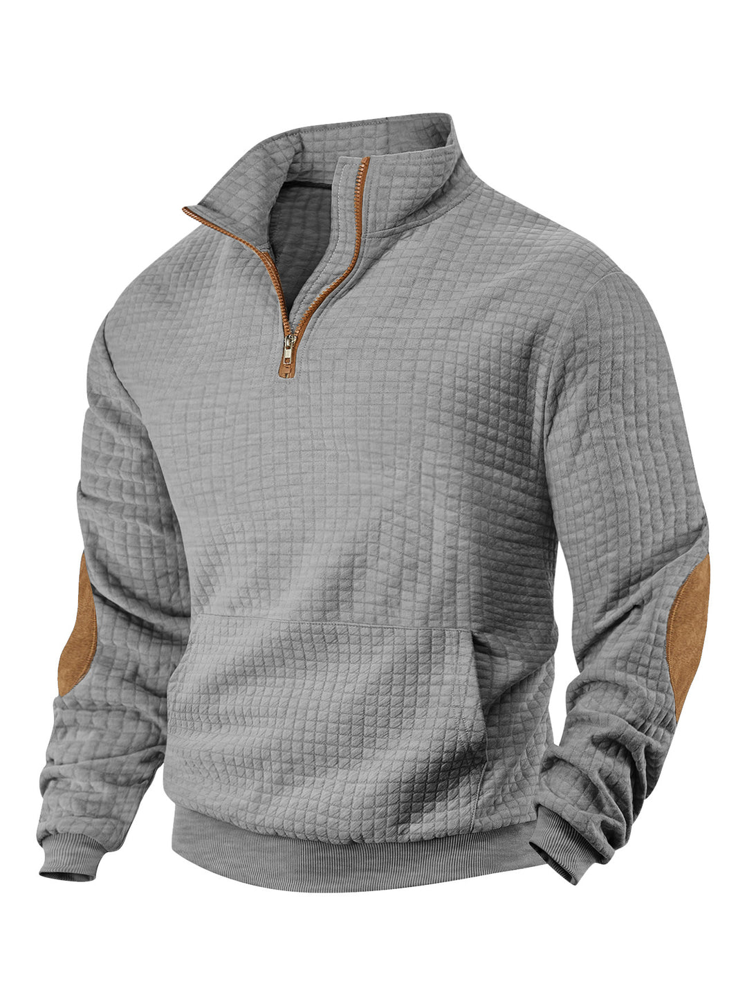 Men's waffle texture half-zip with stand-up collar, kangaroo pocket, and suede look elbow patches StylebySassy