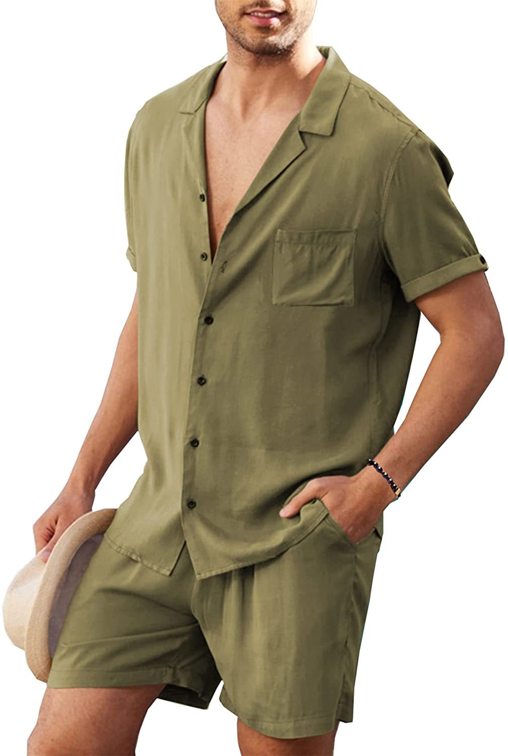 Men's two-piece summer casual ensemble with open collar shirt and elastic shorts StylebySassy
