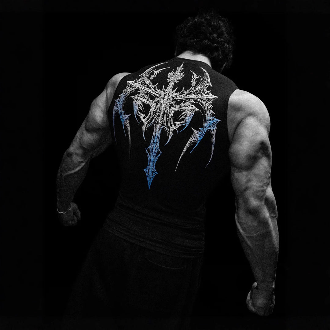 Men's form-fitting training tank top with deep armholes and intricate back print StylebySassy