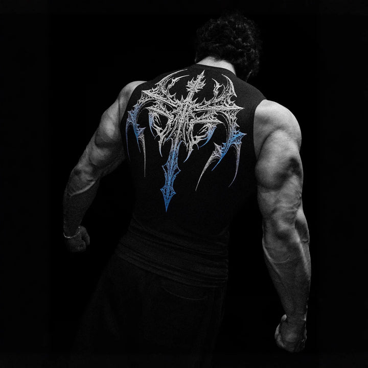 Men's form-fitting training tank top with deep armholes and intricate back print StylebySassy