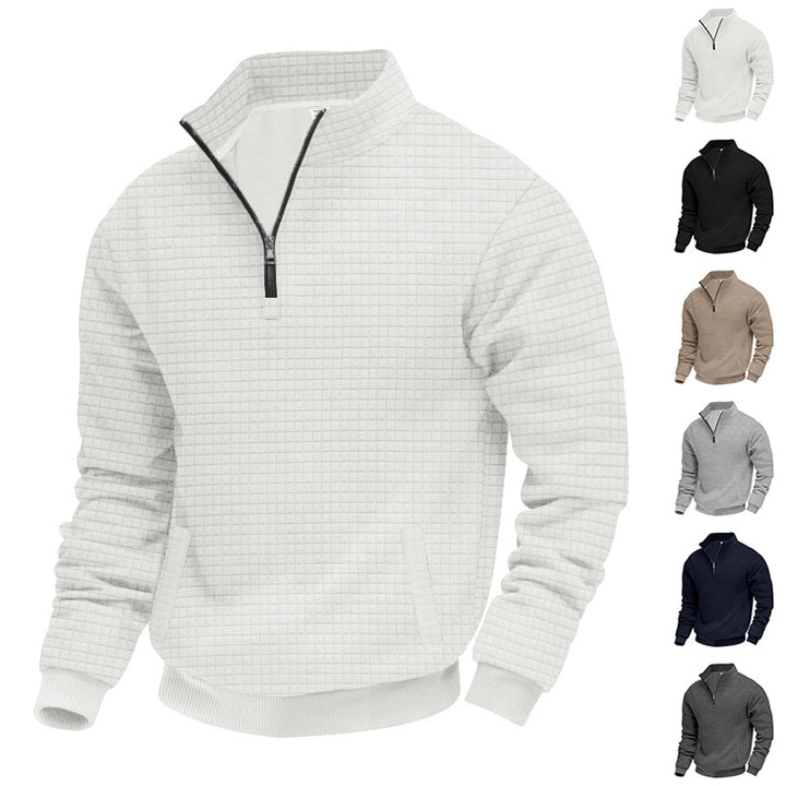 Men's waffle texture half-zip pullover with stand-up collar and subtle side pockets StylebySassy