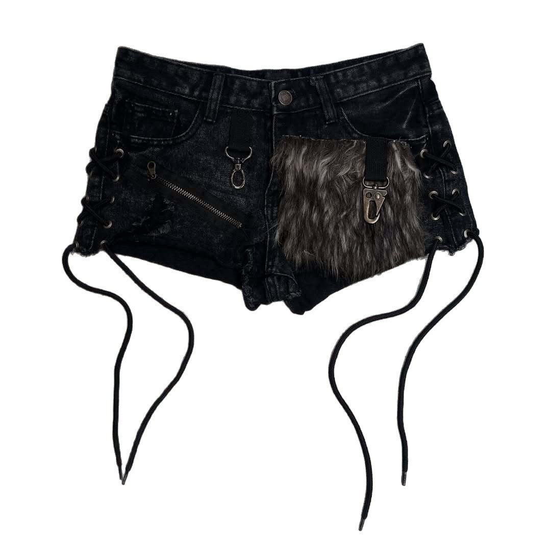 Ladies fashionable denim shorts with unique lacing details and faux fur appliqué StylebySassy