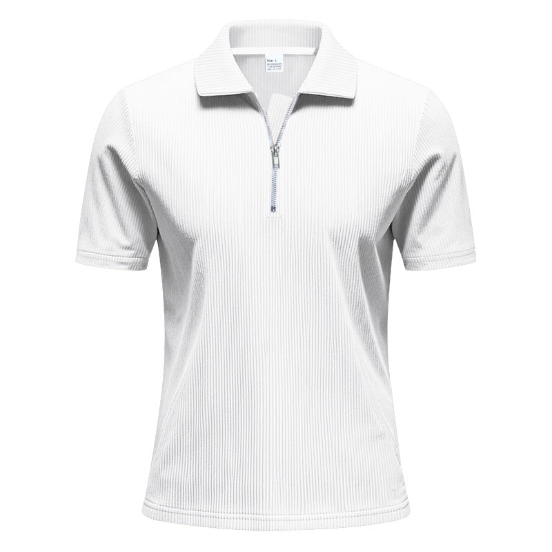 Men's short-sleeved polo with a short zipper at the collar and fine ribbed texture StylebySassy