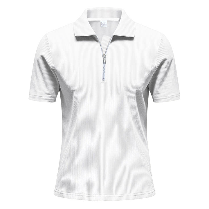 Men's short-sleeved polo with a short zipper at the collar and fine ribbed texture StylebySassy