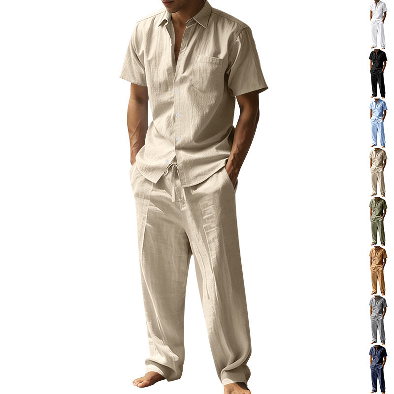 Men's resort-appropriate short-sleeve shirt with chest pocket and casual linen drawstring pants StylebySassy