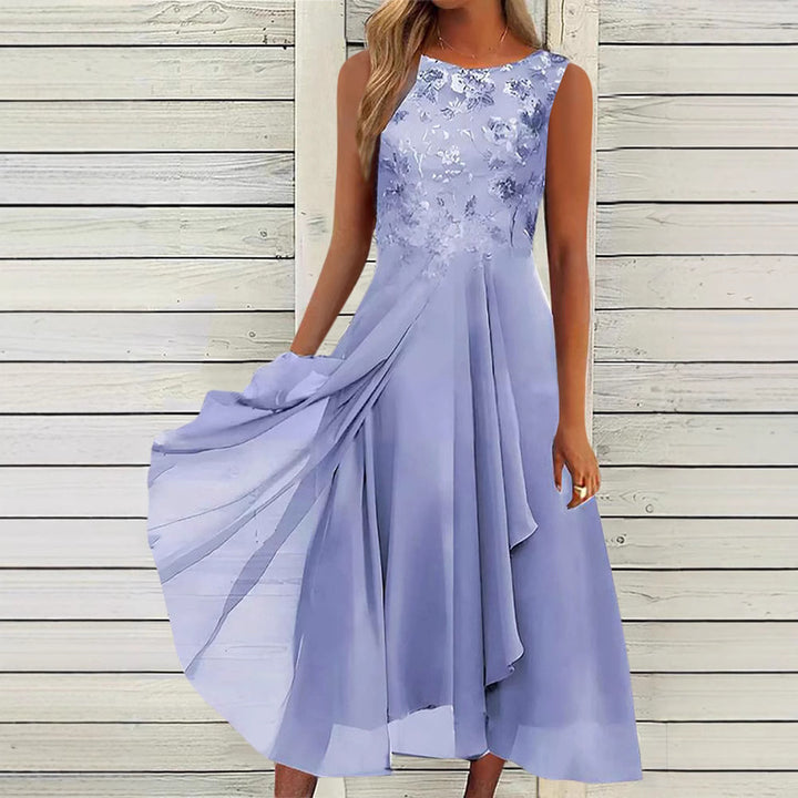 Women’s sleeveless chiffon midi dress with embroidered bodice and asymmetric layered skirt StylebySassy