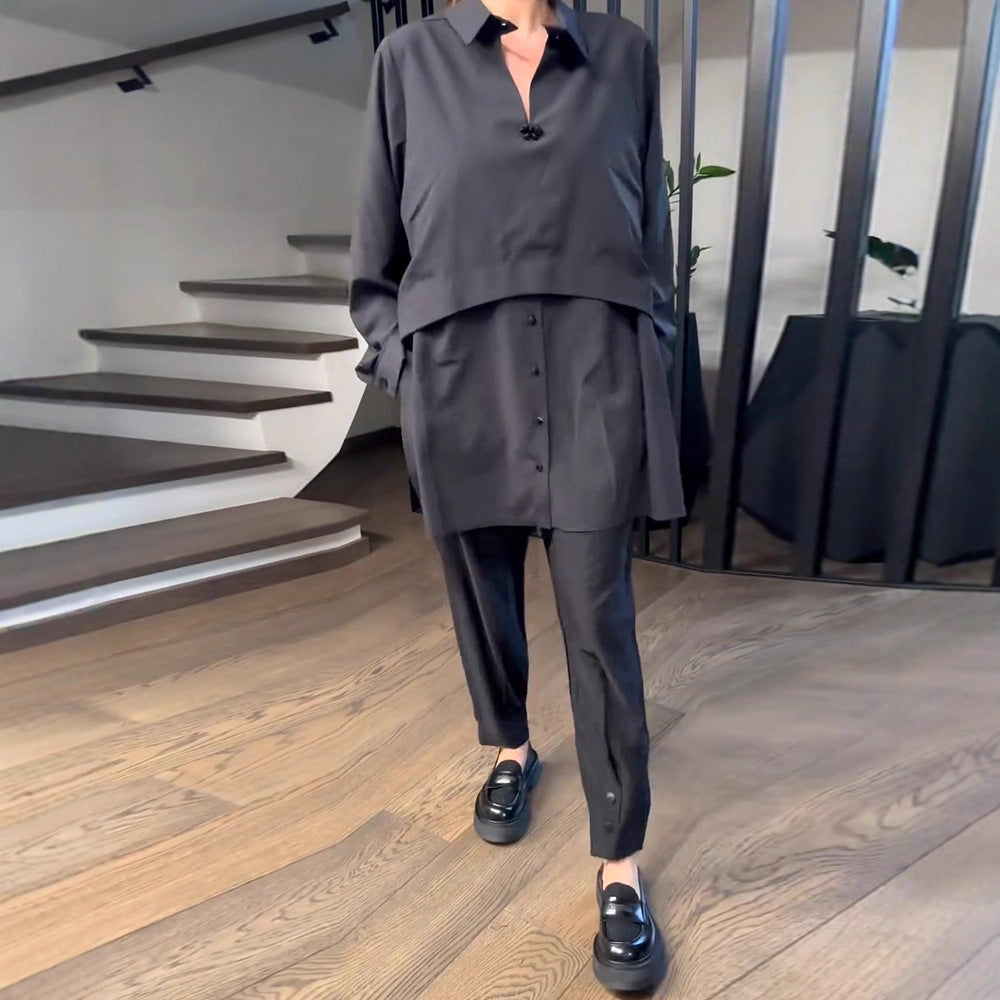 Women's Urban Layered Shirt Set with Overlapping Short Overlay and Tapered Pleated Trousers StylebySassy