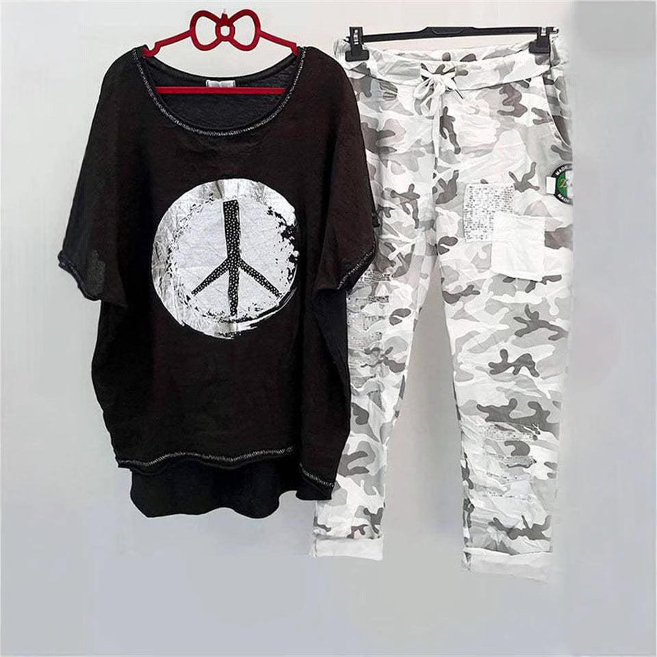Women’s casual leisure two-piece with wide-cut linen look shirt, peace symbol and camouflage jog pants with patch details StylebySassy