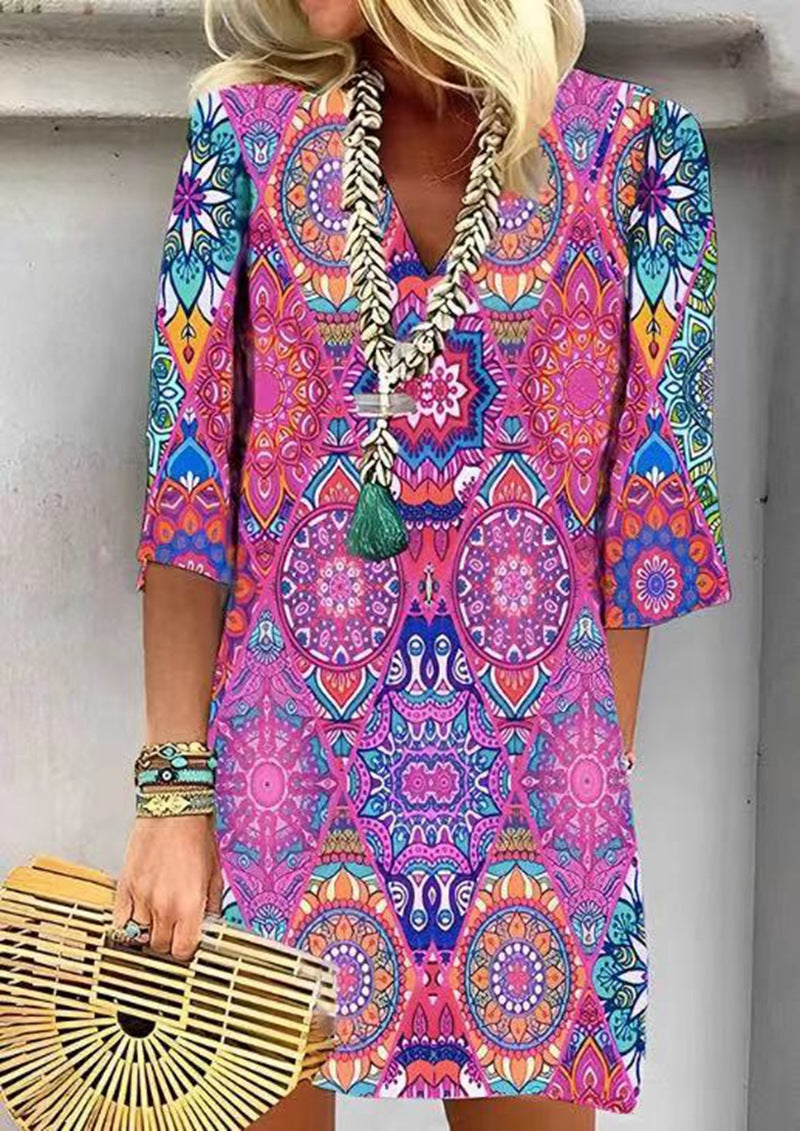 Women's short Boho beach dress in mandala print with V-neck, three-quarter sleeves, and casual A-line StylebySassy