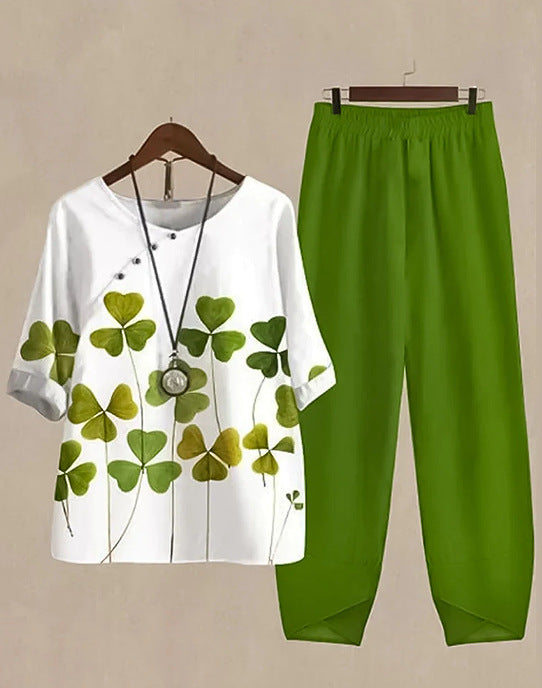 Women's two-piece casual ensemble with clover print tunic and elastic comfort waistband pants StylebySassy