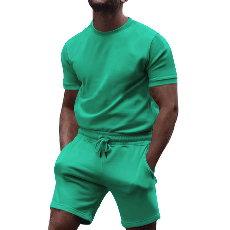 Men's minimalist jersey ensemble with comfortable round neck shirt and elastic drawstring shorts StylebySassy