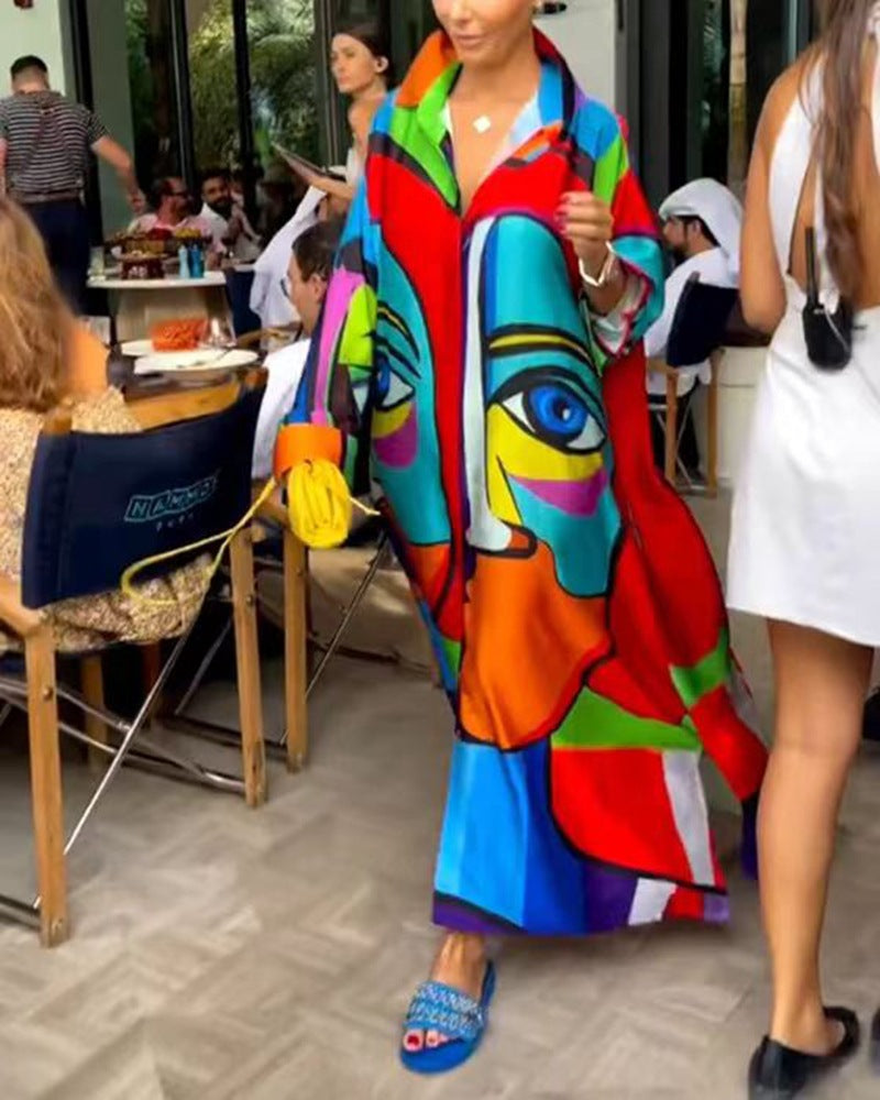 Women's oversized shirt kaftan with abstract portrait print and shirt collar StylebySassy