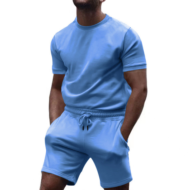 Men's minimalist jersey ensemble with comfortable round neck shirt and elastic drawstring shorts StylebySassy