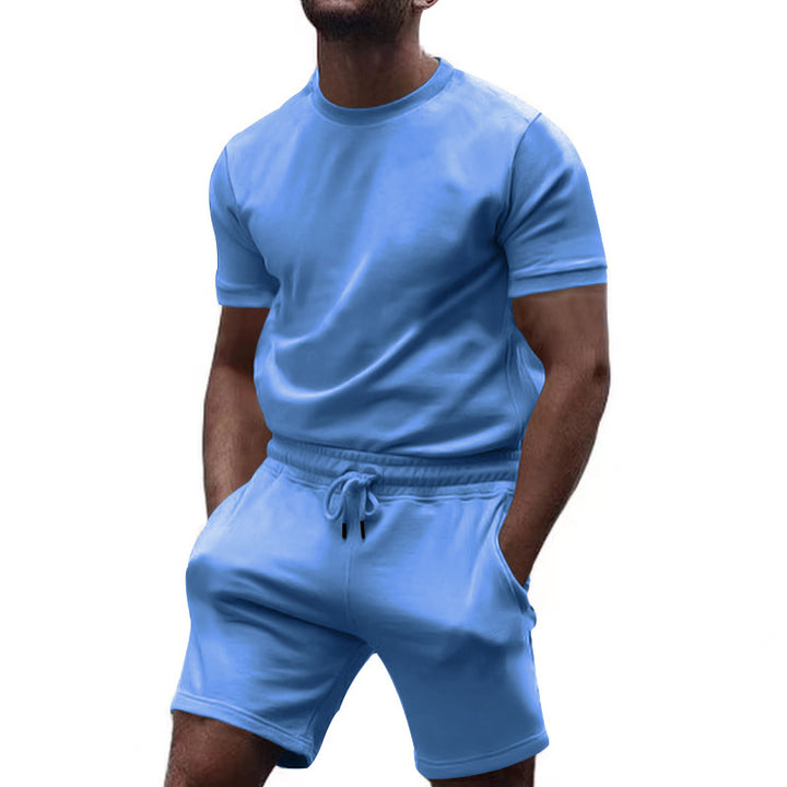 Men's minimalist jersey ensemble with comfortable round neck shirt and elastic drawstring shorts StylebySassy