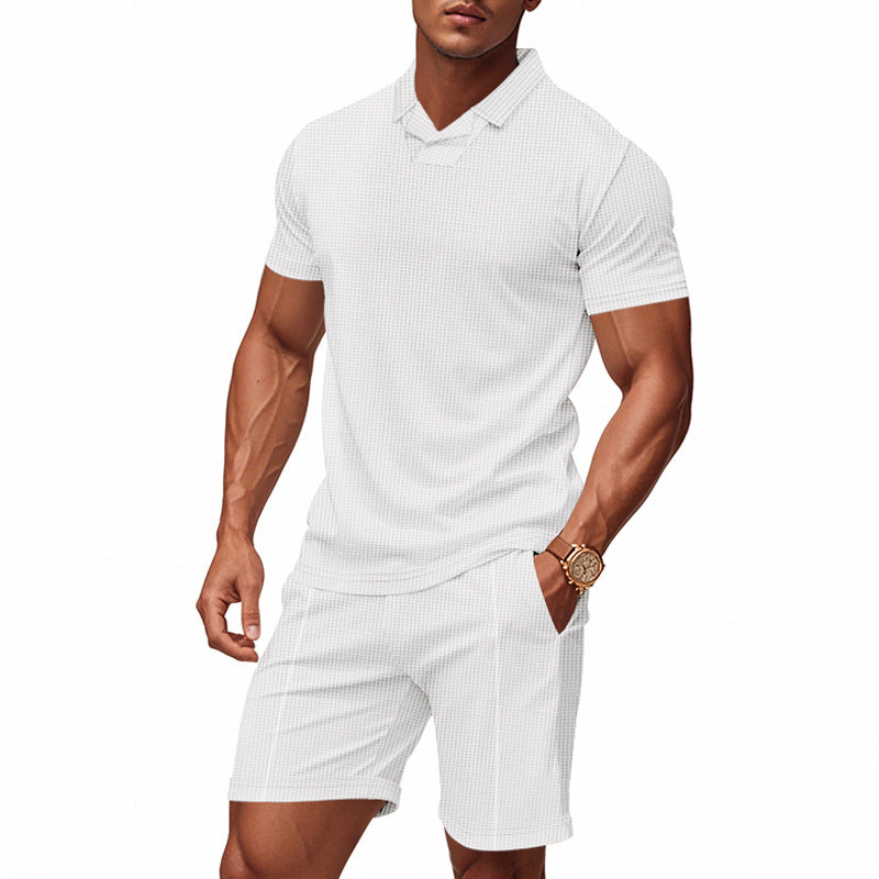 Men's casual waffle structured leisure set with lapel collar short sleeve shirt and elastic leisure shorts StylebySassy