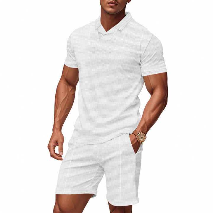 Men's casual waffle structured leisure set with lapel collar short sleeve shirt and elastic leisure shorts StylebySassy