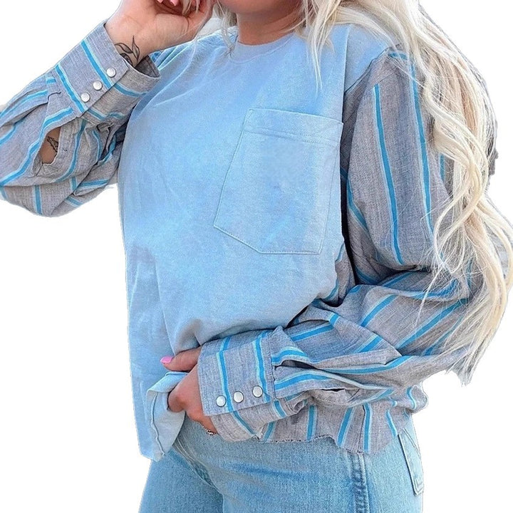 Women's long sleeve shirt in layered look with chest pocket and striped shirt sleeves StylebySassy