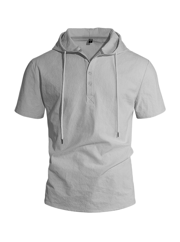 Men's short-sleeved hooded Henley made of slub cotton with concealed button placket and drawstring StylebySassy