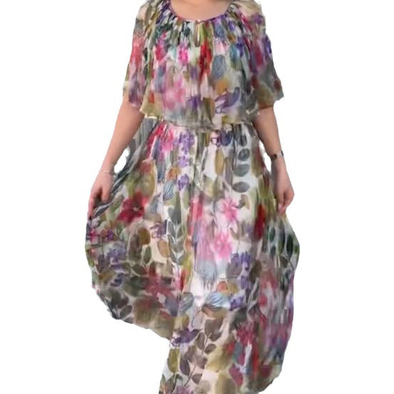 Women’s airy chiffon maxi dress with floral print, gathered round neckline and elastic waistband StylebySassy