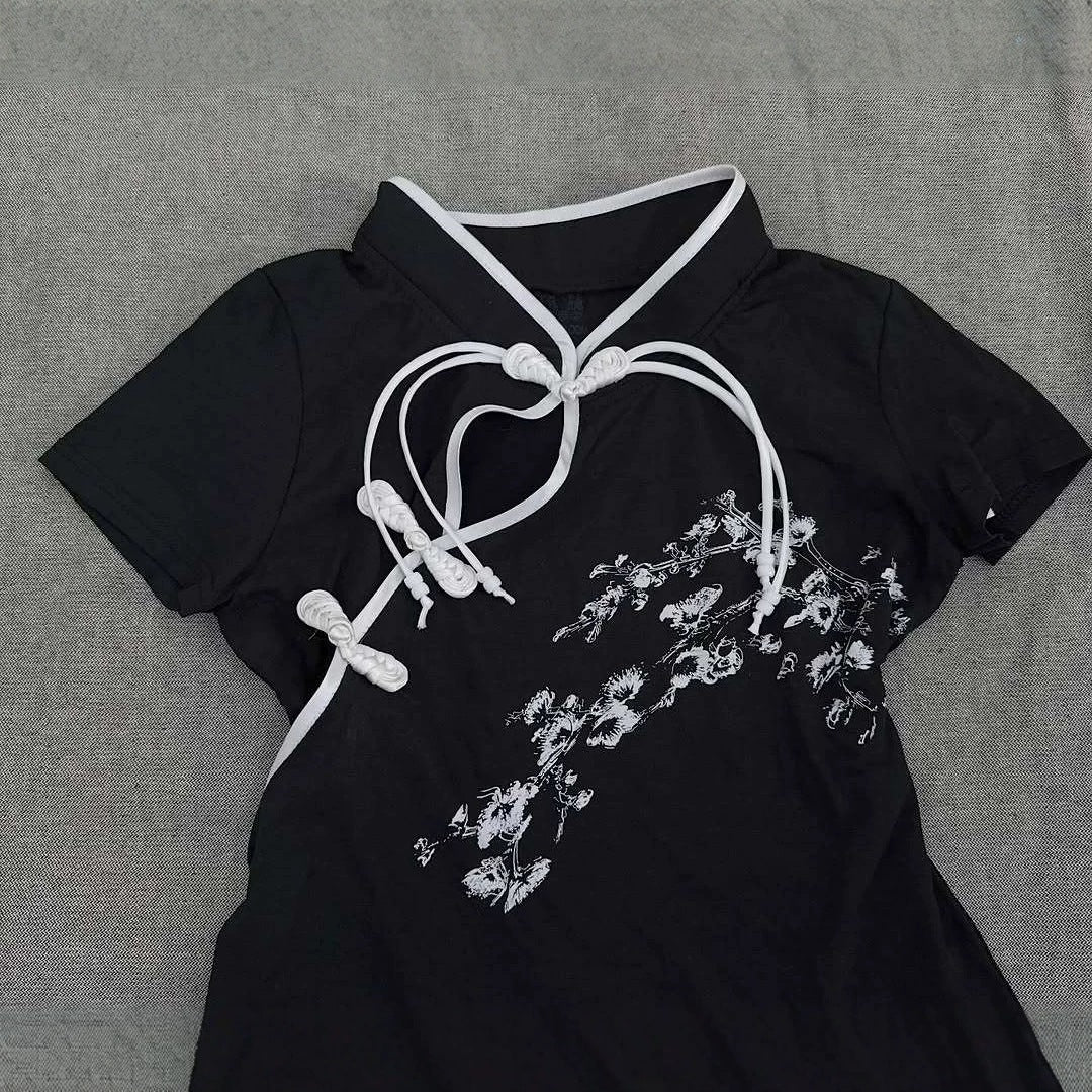 Women Modern Chinese Short Sleeve T-Shirt with Creative Knot Design StylebySassy
