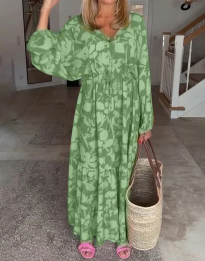 Ladies airy tiered maxi dress with V-neck tunnel waist and balloon sleeves StylebySassy
