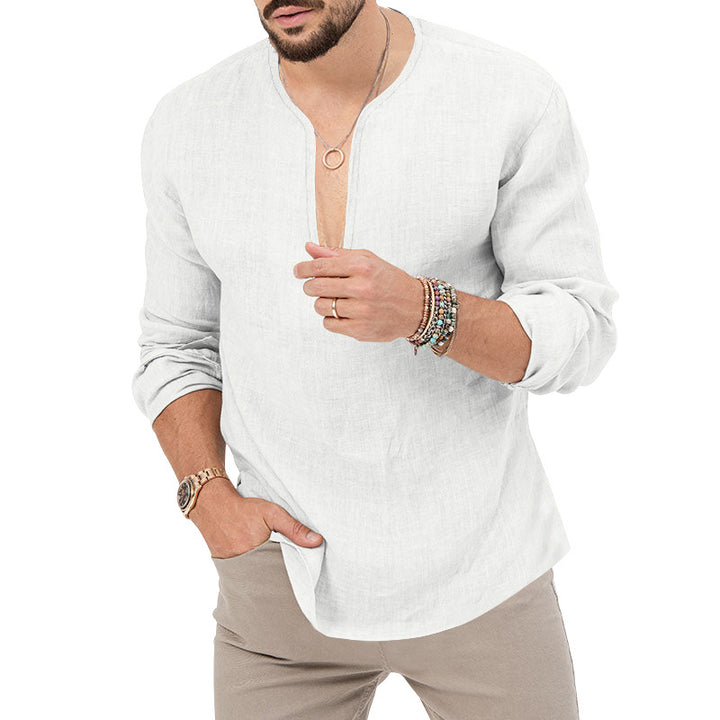 Men's relaxed linen tunic shirt with open slit collar and rounded hem StylebySassy