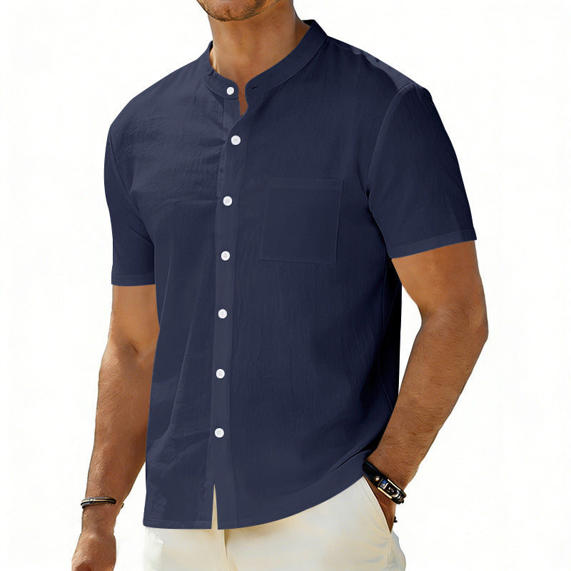 Men's short-sleeved linen shirt with stand-up collar and chest pocket StylebySassy
