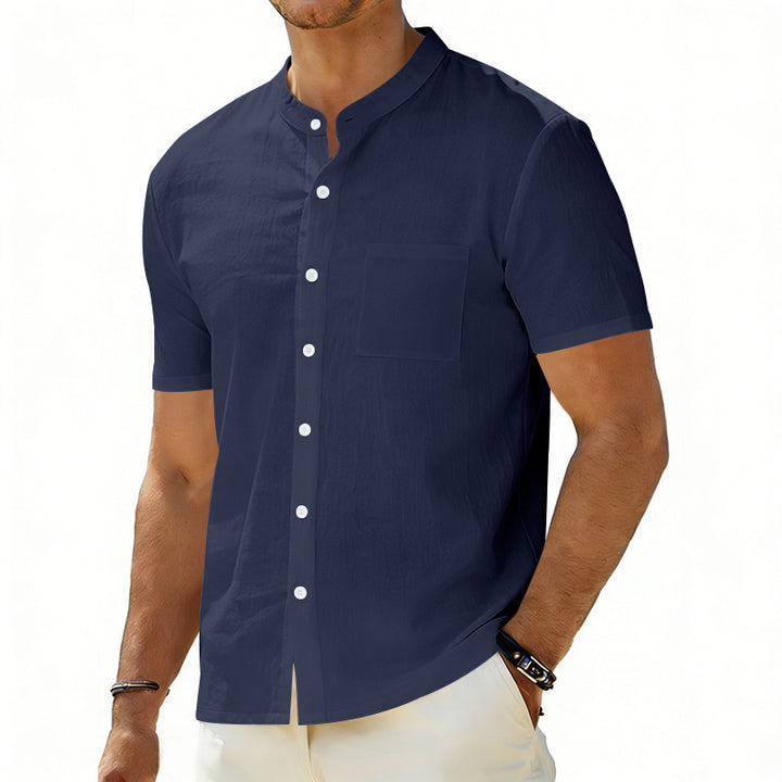 Men's short-sleeved linen shirt with stand-up collar and chest pocket StylebySassy